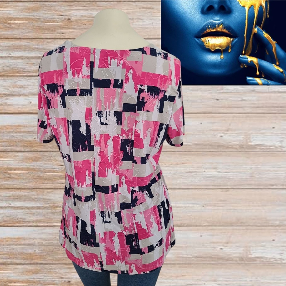 JM Collection‎ Textured Blouse Womens Short Sleeve Stretch Sz M - Picture 2 of 8